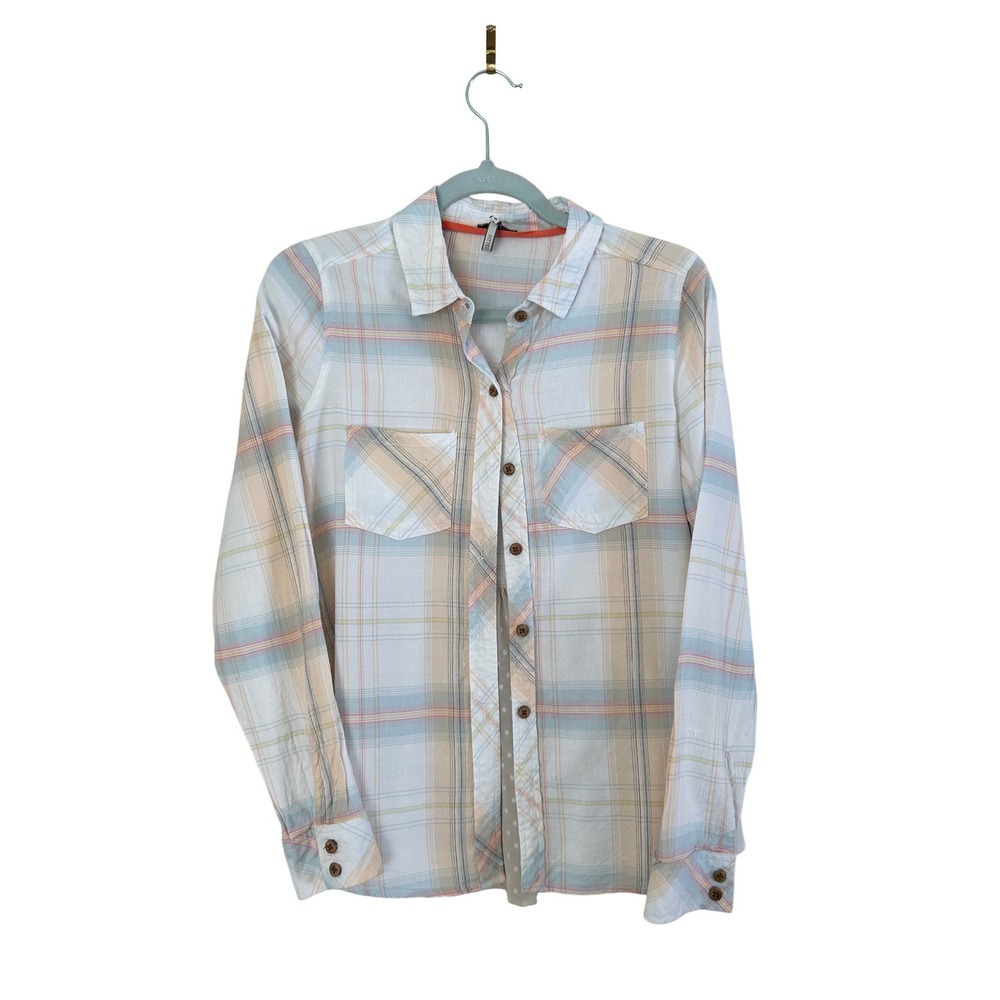 BKE Plaid Button Down Shirt Women S Long Sleeve Ruffle Hem Western Boho Lace